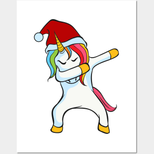 Dabbing Unicorn with Christmas Santa Hat Posters and Art